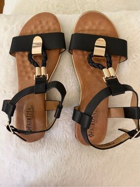 Patrizia Black Braided T-Strap Sandals with Gold Accents